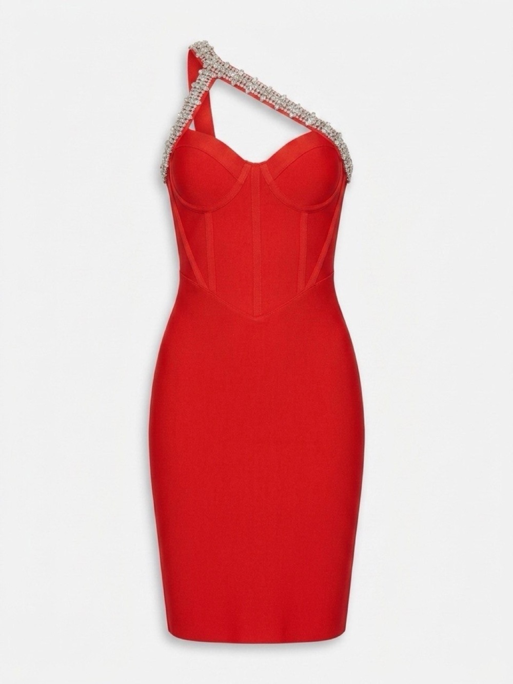 Red One-Shoulder Bustier Dress with Crystal Strap